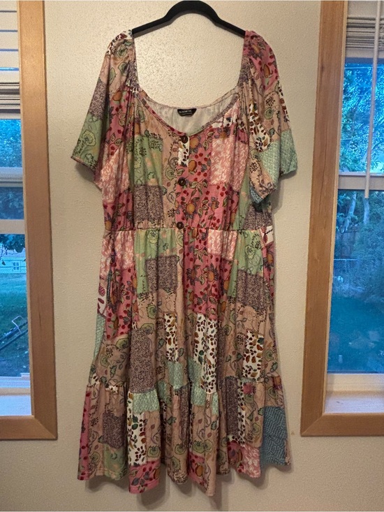 BloomChic Dresses & Skirts - Bloom Chic Patchwork Floral Boho Midi Dress in Pink, Green & Cream